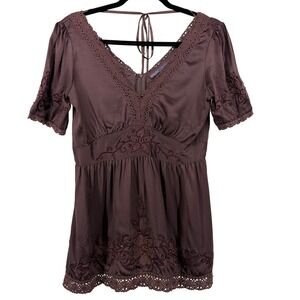 Hale Bob Size S Plum Brown Silk Embroidered Beaded Babydoll Blouse Crochet